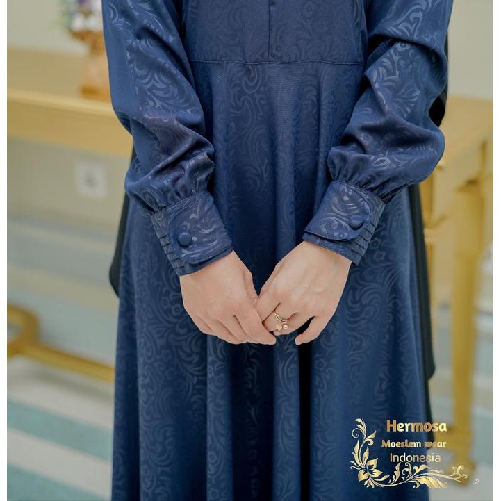 Layali- Gamis hermosa motif flower warna navy/gamis biru dongker murah