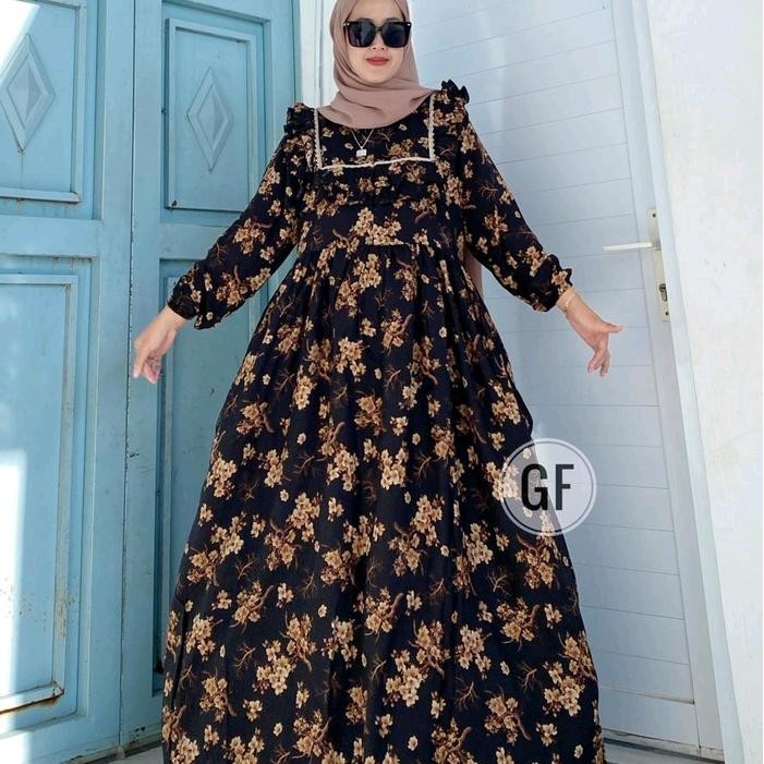 Layali- Dress Gamis Wanita Rempel Dada Viral 2024 Terbaru Bahan Rayon Twill Premium Motif Bunga