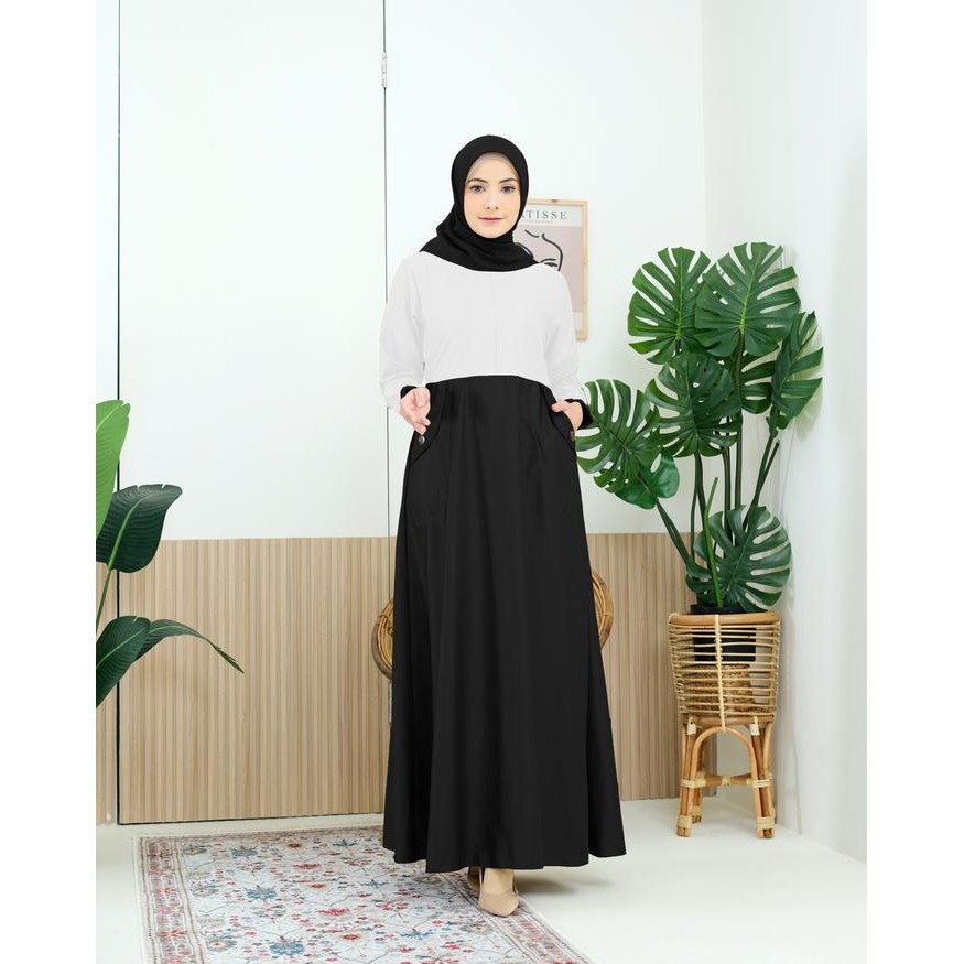Mosya- Gamis Seragam Kerja PNS PDH Kombinasi Hitam Putih Dress Wanita Toyobo Tebal