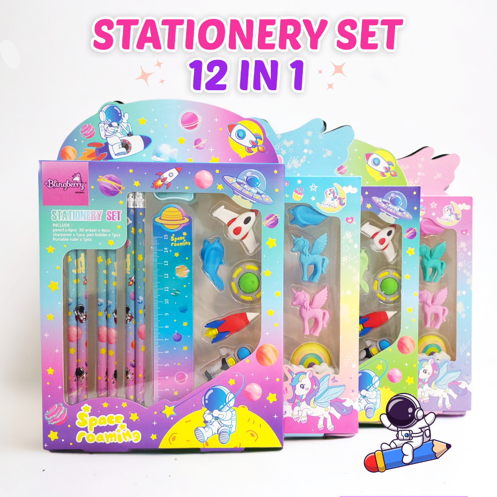 

Stationery set Unicorn Astronot 12in1 pensil serutan penghapus penggaris stationery anak kado ultah