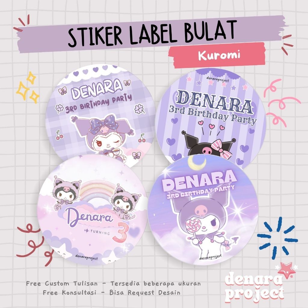 

UM1 (50 PCS) Stiker Bulat Custom Bento Hampers Ulang tahun Kuromi Sanrio