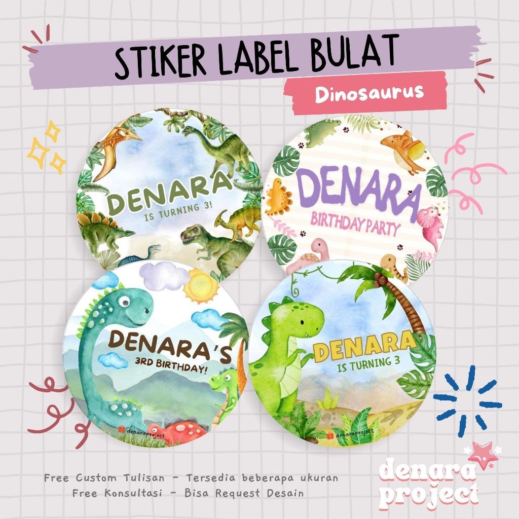 UM1 (50 PCS) Stiker Bulat Custom Bento Hampers Ulang tahun Dinosaurus