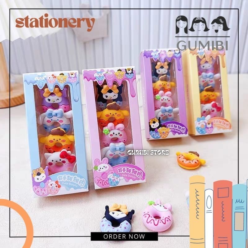 

UM1 PENGHAPUS DONAT SANRIO FREE BOX ISI 4 PCS PENGHAPUS DONAT BULAT SANRIO STIP HAPUSAN PENSIL MOTIF