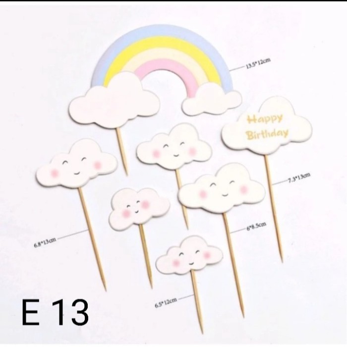 Tukuparty Topper Pelangi Awan Bunga, Hiasan Kue Pelangi, Topper Unicorn, 8Pcs