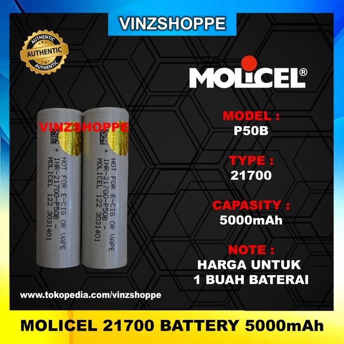 Authentic Battery MOLICEL 21700 P50B 5000mAh 60A - Baterai
