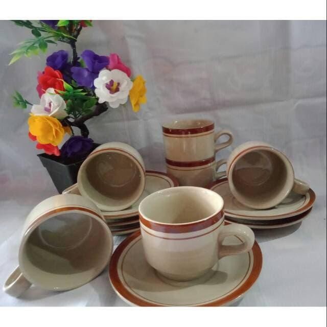 Cangkir Keramik / Gelas Keramik Set 6 Pcs+ Tatakan Merk Lucky List