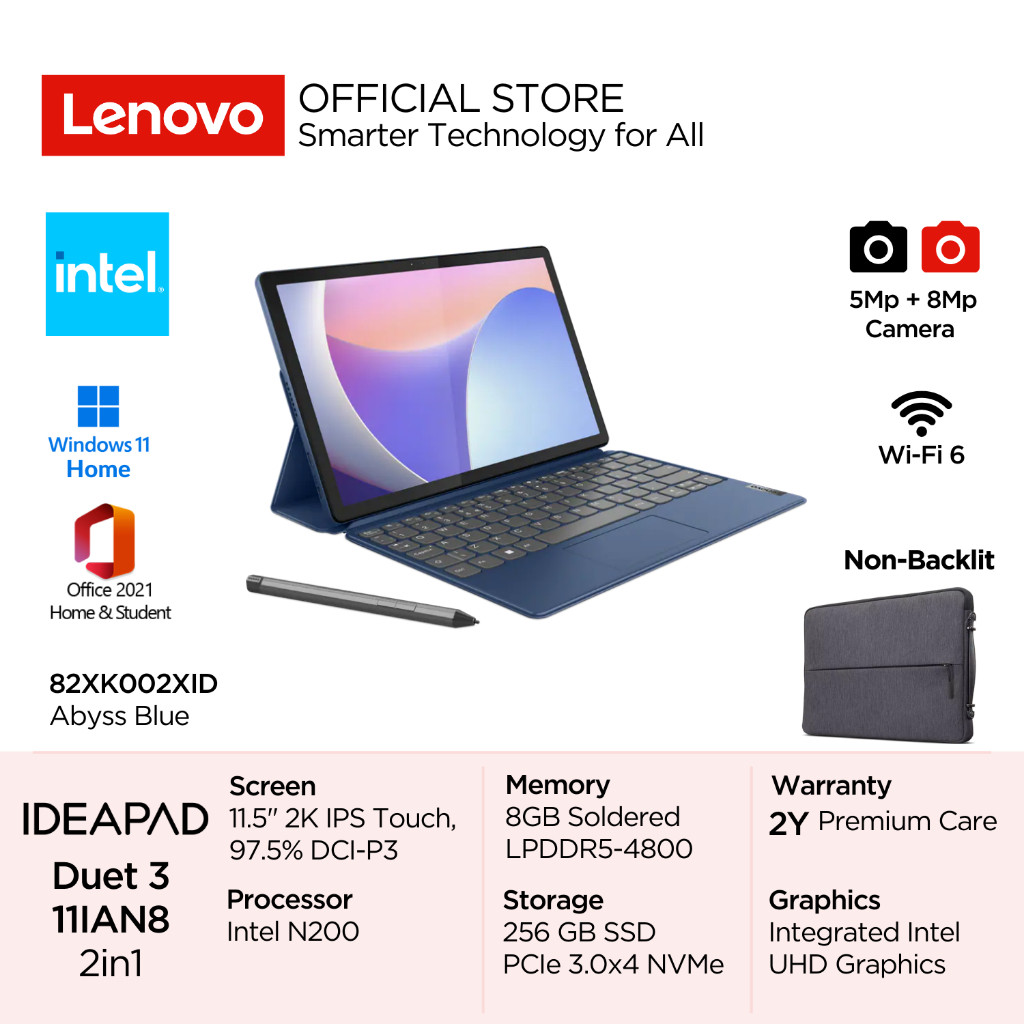 NEW PRODUCT LENOVO 2IN1 IDEAPAD DUET 3I 11IAN8 2XID INTEL N200 WIN11 8GB 256GB SSD 11.5" 2K IPS