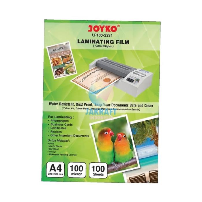 

SendToday- (100 Pcs) Plastik Laminating Glossy A4 Joyko Lf100-2231 Tebal Film 100 Micron (22 X 31