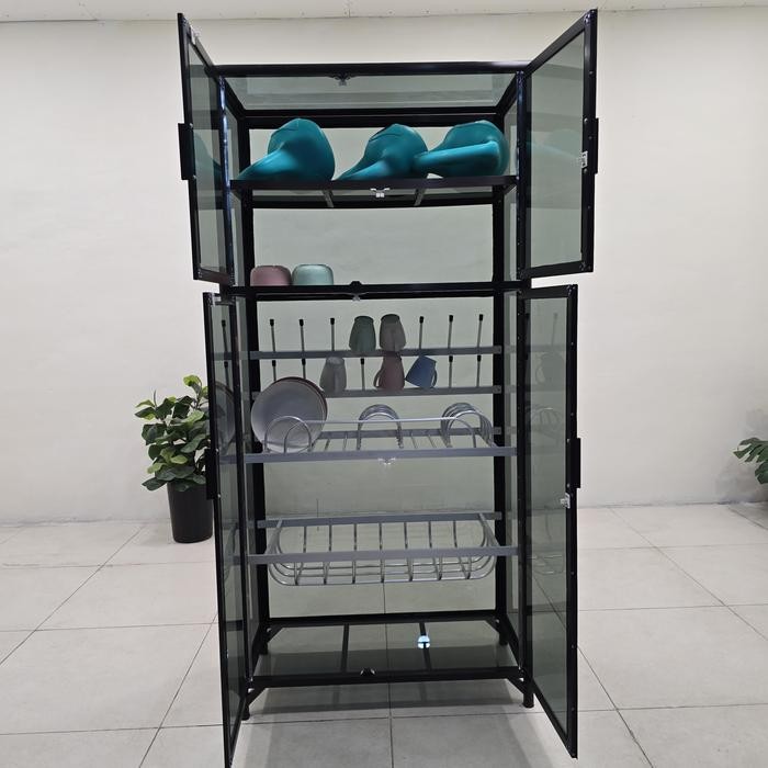 LEMARI RAK PIRING SUPER 80X38X167 CM ALUMINIUM COKLAT KACA RIBEN TC