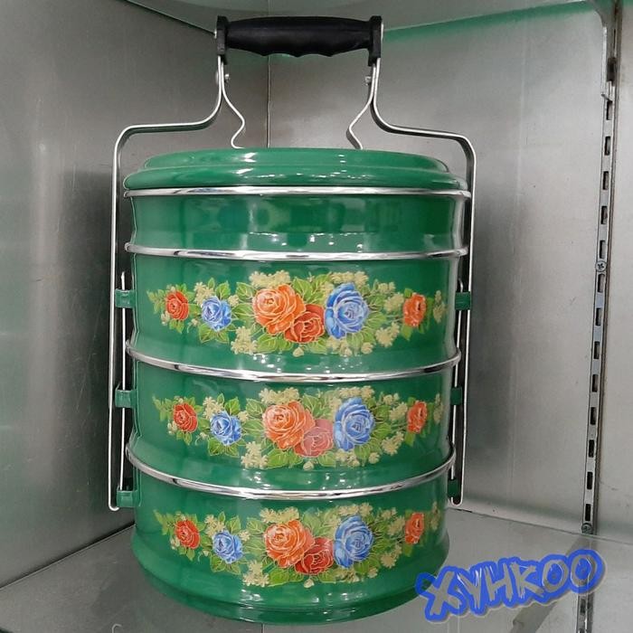 Kenanganpawon Rantang Enamel Besar Susun 4 Ukuran 24Cm Motif Mawar Hijau