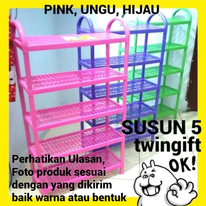 RAK SEPATU PLASTIK SUSUN 5, WARNA UNGU, PINK, HIJAU