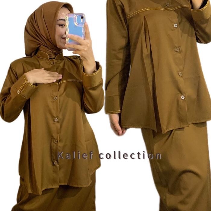 TERLARIS Baju Stelan PDH khaki tua wanita Baju hamil pns Baju hamill pemda benang timbul READY STOCK