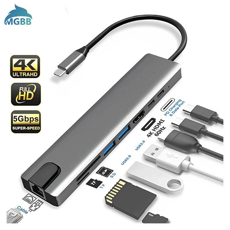 ASLI MGBB 8in1 Adapter Hub Konektor Multifungsi Type-C 3.1 to HDMI 4K Compatible RJ45 USB SD/TF Card