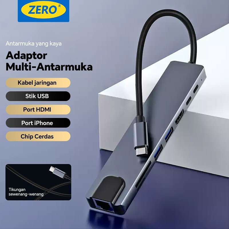 TERLARIS 8in1 Adapter Konektor Multifungsi HDMI 1.4 USB 100W PD TYPE C SD Card TF Card 4K Kabel 100M