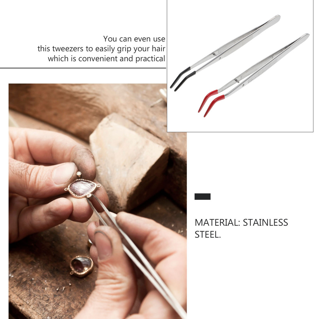 2pcs Rubber Tipped Tweezers Metal Tweezers Tools Curved Bent Tip Tweezers for Stamp stamp tweezers t