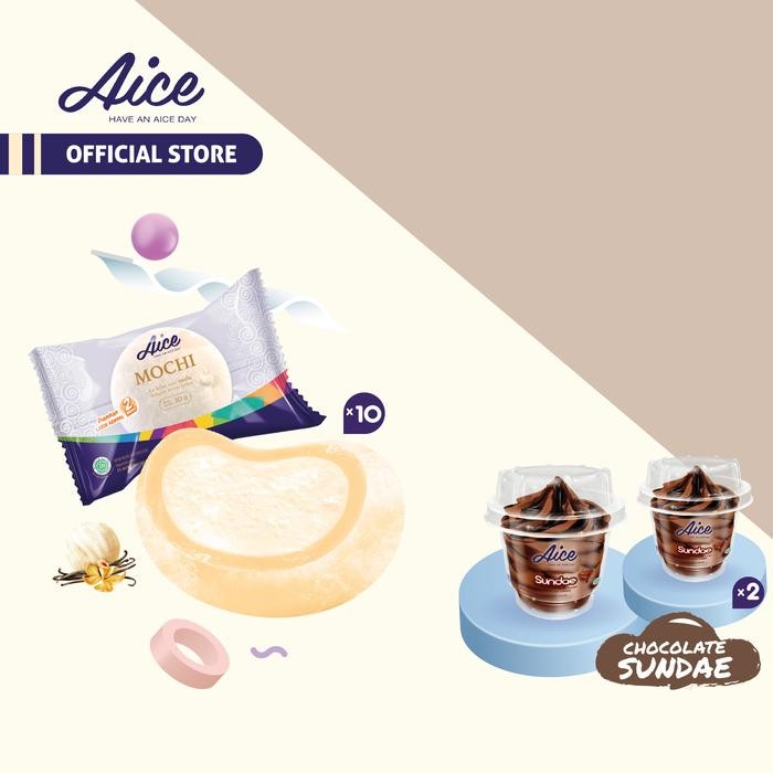 

BARANG TERLARIS Paket Aice Ice Cream Mochi Vanilla free Chocolate Sundae 12 pcs