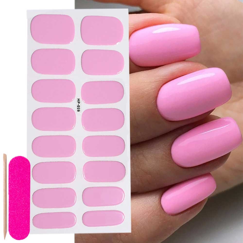 

16Tips Pink Uv Semi Cured Gel Nail Wraps Stickers Solid Color Full Cover Nail Strips Adhesive Uv