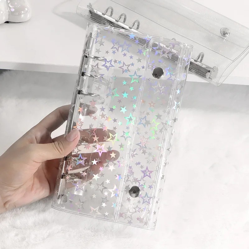 

A6 6-Hole Narrow Half Laser Full Sky Star Pvc Double Buckle Flip Cover Three Fold Loose Leaf