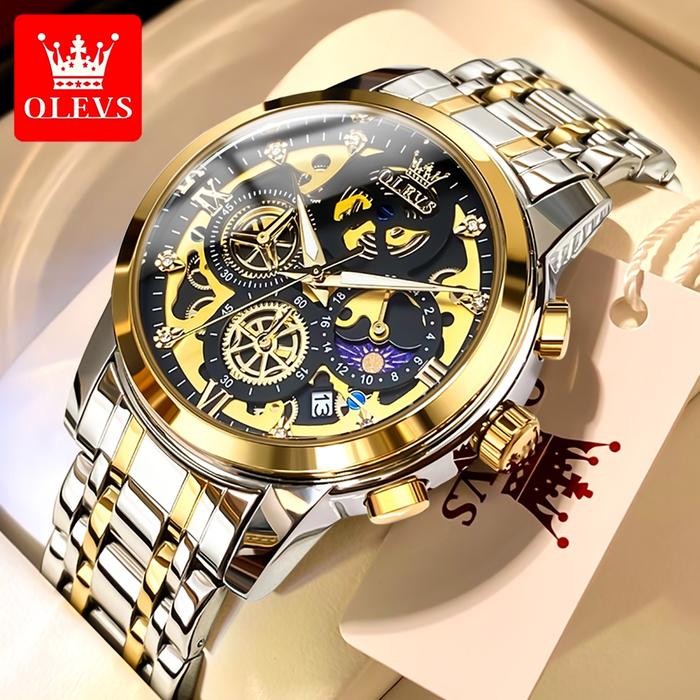 OLEVS Jam Tangan Pria Anti Air Original Rantai Keren Terbaru Mewah 2024 Luxury Stainless Steel