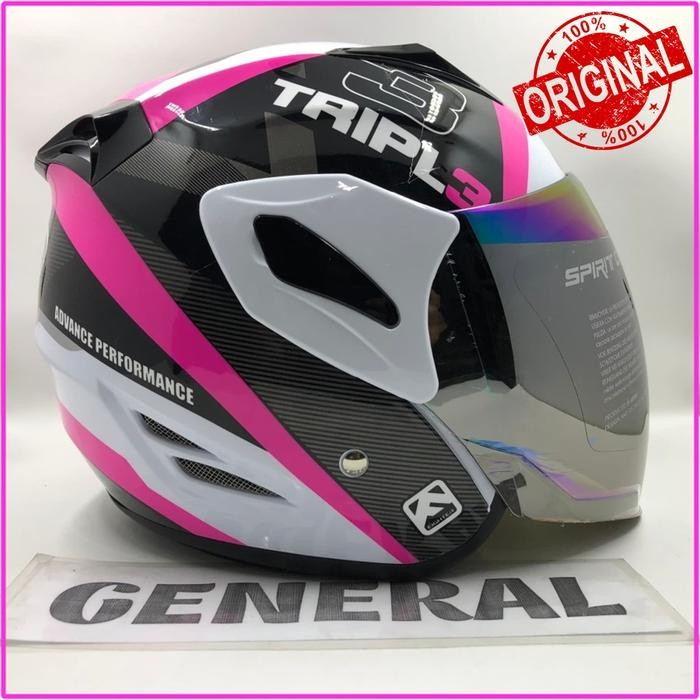 100% ORI Helm GM Fighter Motif Triple Putih Pink SNI & DOT Half Face