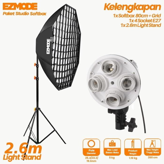 Terang- Ezmode Studio Lighting Stand + 4 Socket Octagon Softbox 80Cm With Grid