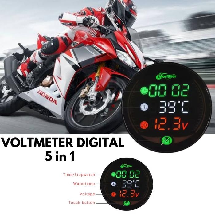 LANGSUNG DI CO VOLTMETER DIGITAL BULAT MOTOR 5 IN 1 JAM SUHU CHARGER AKI MOTOR
