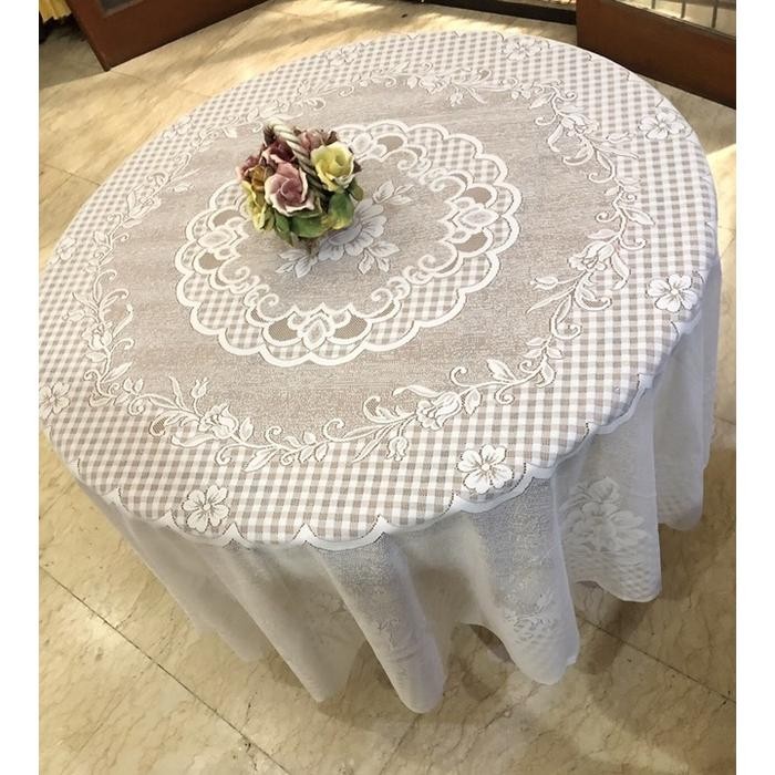 TAPLAK MEJA BULAT BUNDAR KAIN BROKAT PUTIH POLOS VINTAGE JADUL KLASIK