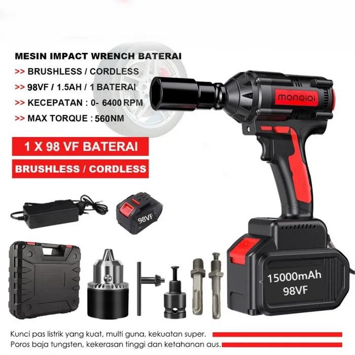 Mailtank Power - Impact Monqiqi 15000Mah 98V Wrench Brushless Baterai Bor Air Impact Wrench Kit Bor