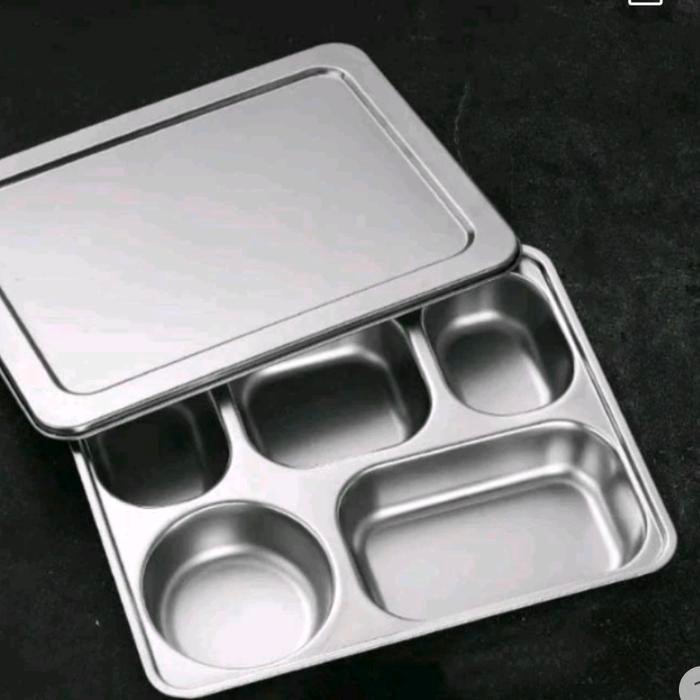 Plato / Food Tray / Piring / Tempat Makan Sekat 5 + Tutup Stainles 201
