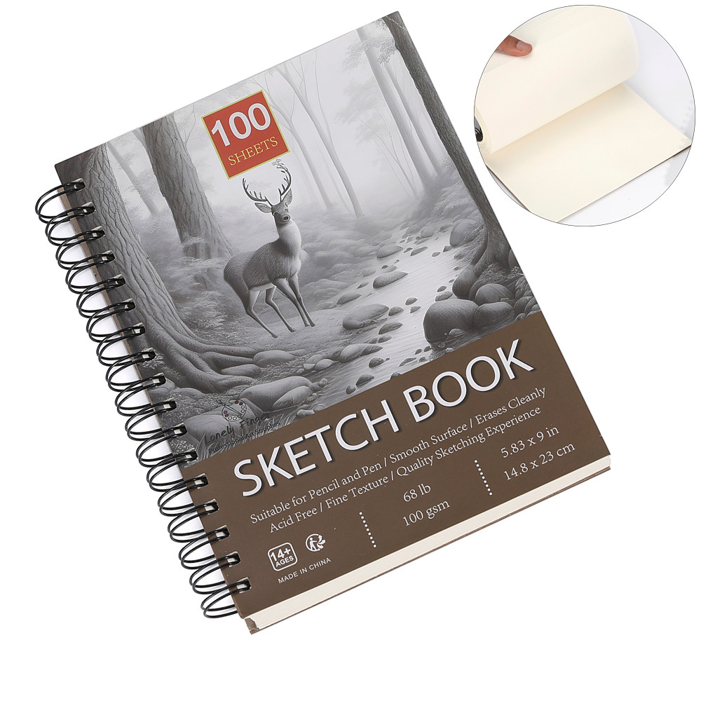 

5.83X9 Inches Sketch Book, Top Spiral Bound Sketch Pad, 1 Pack 100-Sheets (68Lb/100Gsm), Acid Free