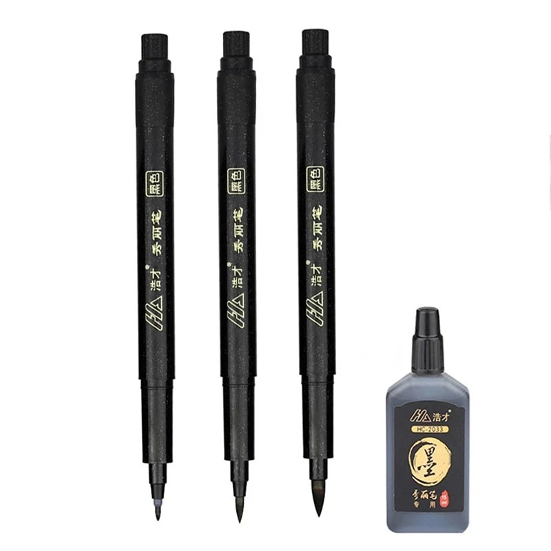 

3Pcs/Lot Calligraphy Pen Brush Pen Hand Lettering Black Ink Markers Art Writing Office School