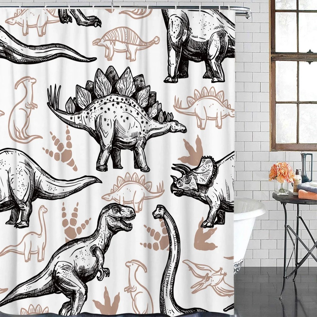 

Hand-Drawn Sketch Dinosaur Waterproof Bathroom Decoration Shower Curtain With Hook Printed Bathtub