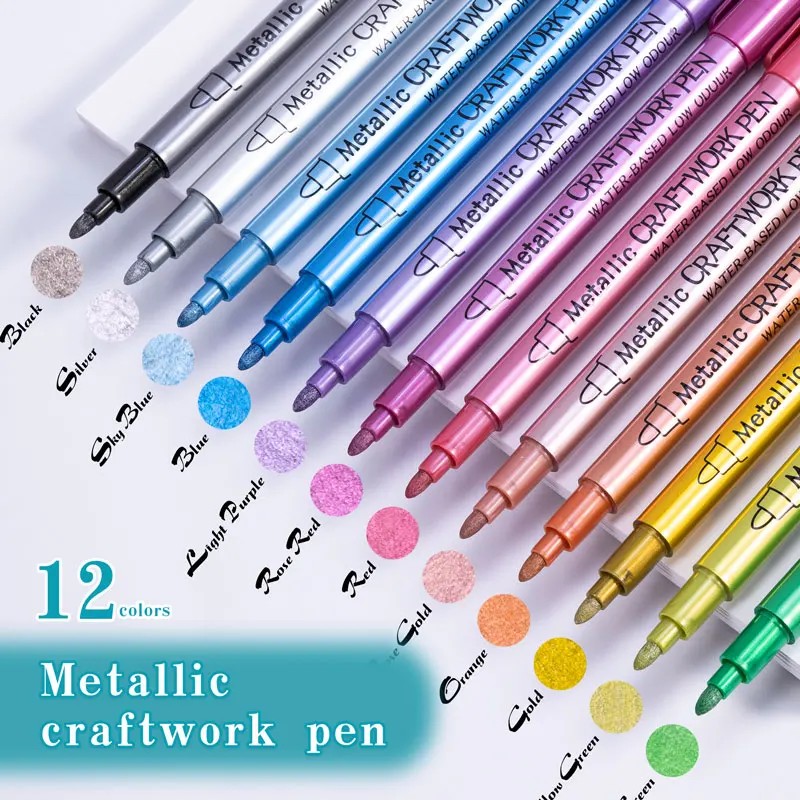 

12 Colors Acrylic Paint Markers Metallic Art Glitter Pens For Scrapbook Supplies Black Paper Rock
