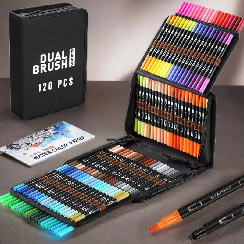

Dual Tip Marker Set: Fineliner & Brush Tips, Felt Pens Art Markers For Watercolour, Calligraphy &