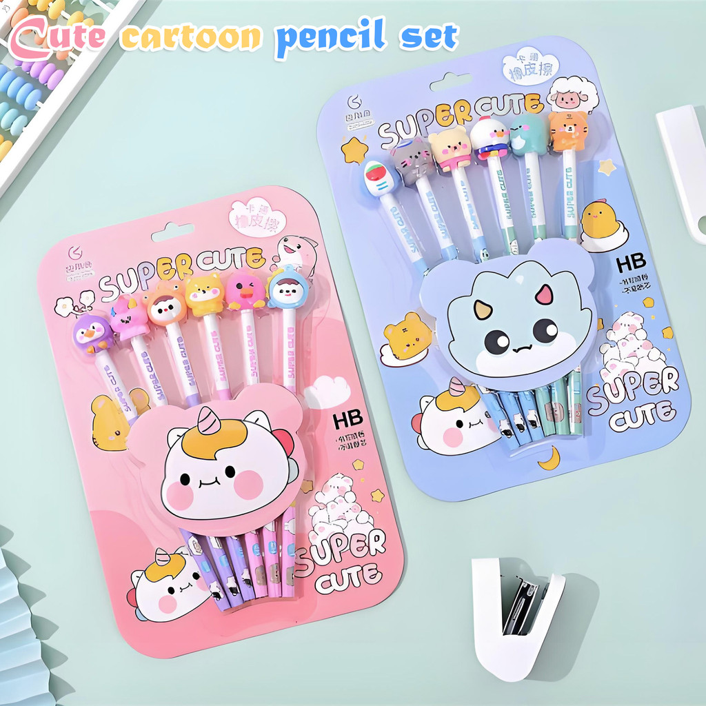 

6Pcs Hb Pencil Set With 3D Doll Eraser Graphite Refill Lead-Free Poison Creative Student Stationery