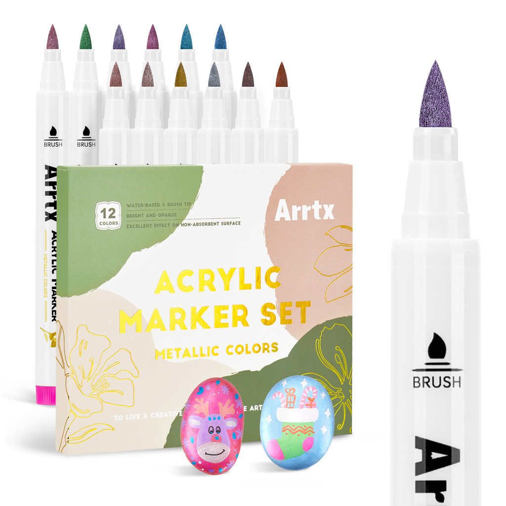 

Arrtx 12 Metallic Colors Acrylic Marker, Brush Acrylic Pens For Rock Stone Ceramic Porcelain Mug