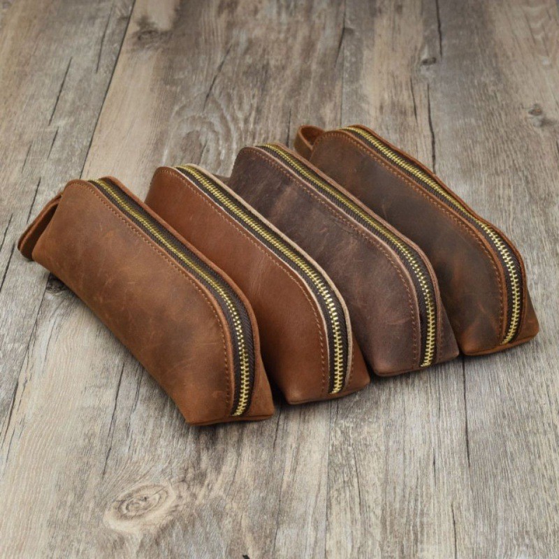 

Vintage Leather Pencil Case Retro Storage Bag Stationery Items Crazy Horse Pencil Pouch Pen Holder