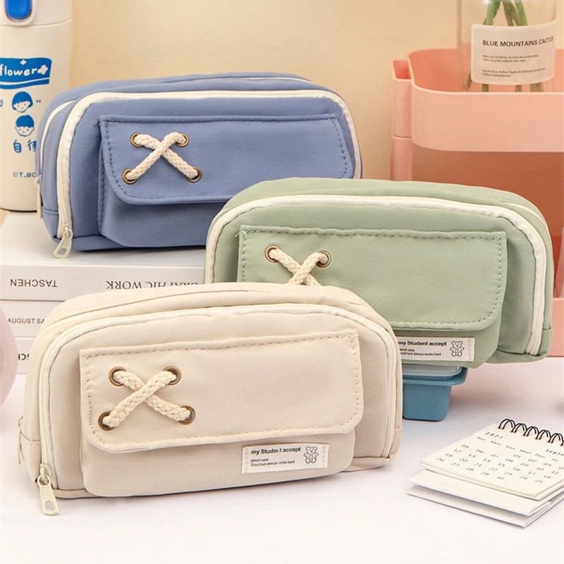 

Cute 3-Layered Pencil Case Solid Color Front-Opening Large Capacity Pencil Bags For Boys Girls