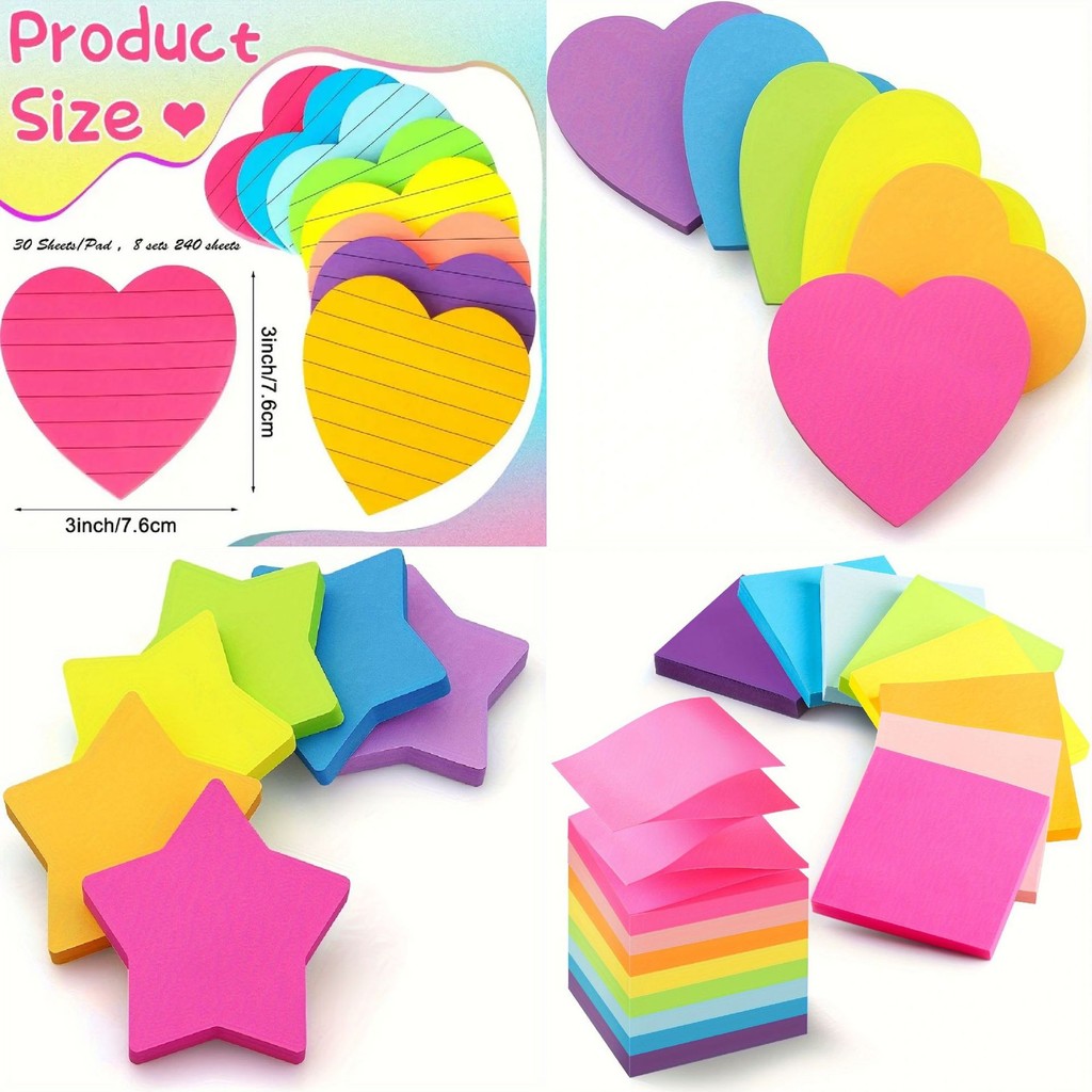 

8 Books/Pack, 8-Color Horizontal Fluorescent Heart-Shaped Sticky Notes, Pentagonal Star Shaped