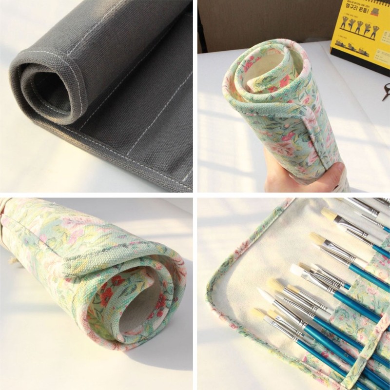 

Floral Pattern Roll-Up Pencil Bag 20 Holder Case Artist Paint Organizer Pouch