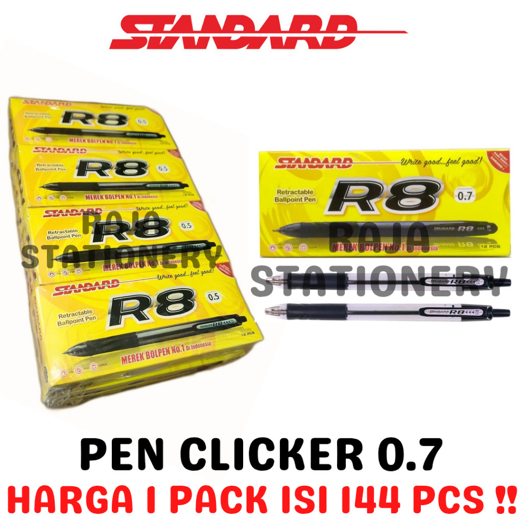 

STANDARD R8 0.5 BALL PEN BLACK CLICKER HITAM BOLPEN PENA PEN R8 BOX PACK GROSS [12BOX] - RAJA BIGBOX