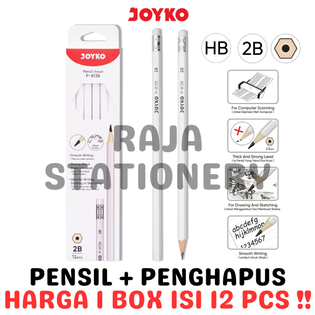 

JOYKO PENCIL HB 2B PENSIL + PENGHAPUS KAYU JOYKO 2B ANAK UJIAN BOX LUSIN [12PCS] - RAJA BIGBOX