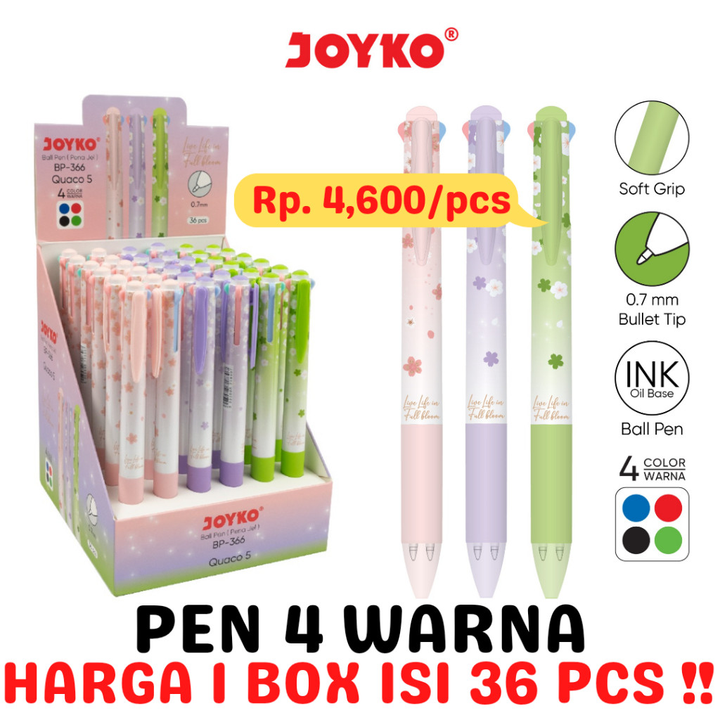 

JOYKO BALL PEN 4 COLOURS BOLPEN PULPEN 4 WARNA JOYKO BP-366 [36PCS] - RAJA BIGBOX