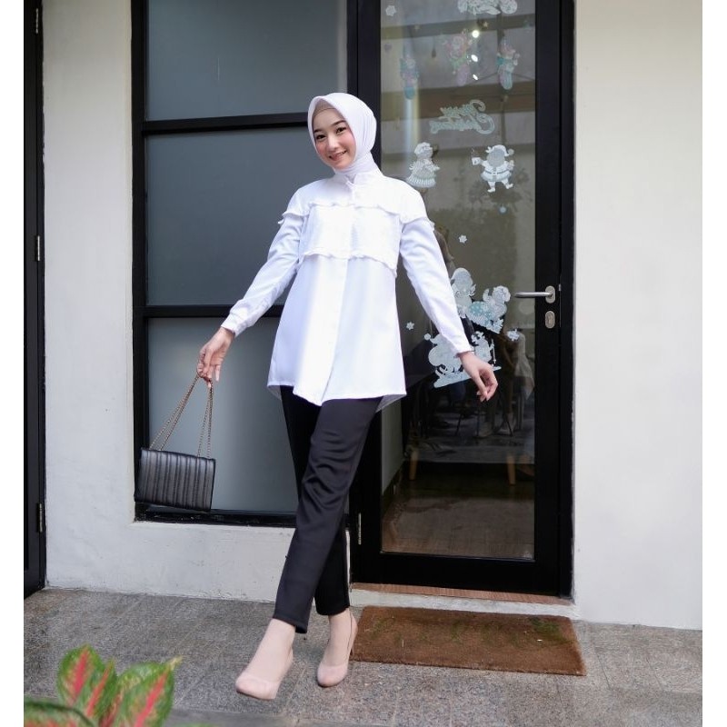 [READYY] Malikha Blouse Baju Atasan Putih Wanita Kerja Lengan Panjang terbaru kombinasi bordir kerut