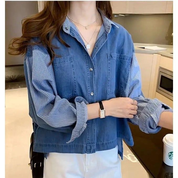 Blumjean- Blus Denim Garis-Garis Kasual Kemeja Jeans Longgar Mode Korea Desain Wanita Blus