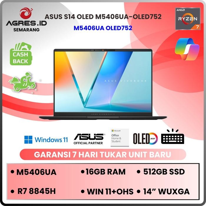 ASUS S14 OLED M5406UA-OLED752 R7 8845HS 16GB 512 W11+OHS21 14"WUXGA OLED 1-ZONE RGB BL WITH COPILOT