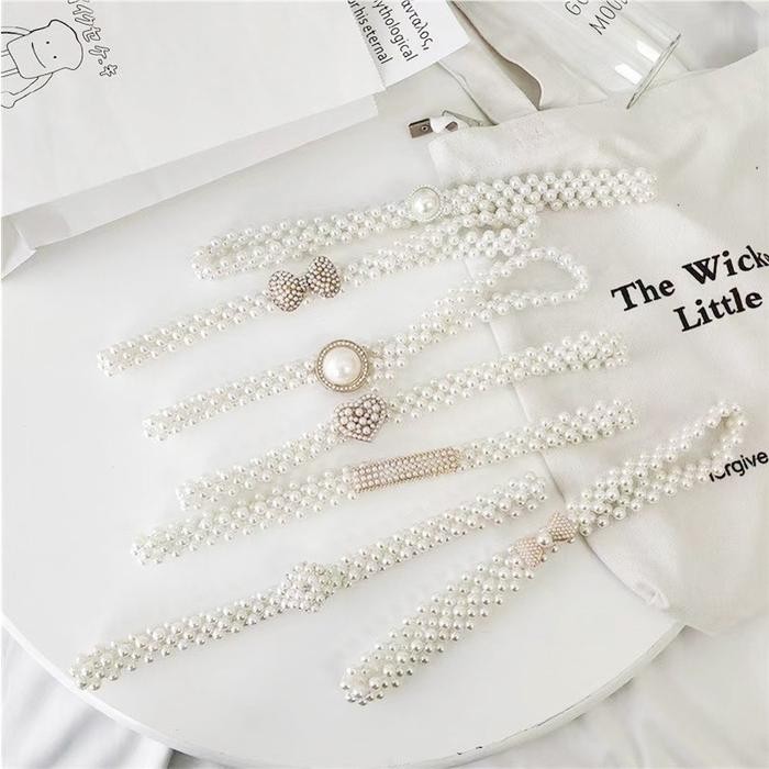 Outiva- Ikat Pinggang Wanita Mewah - Ikat Pinggang Mutiara Terbaru Motif Random Perak Gesper