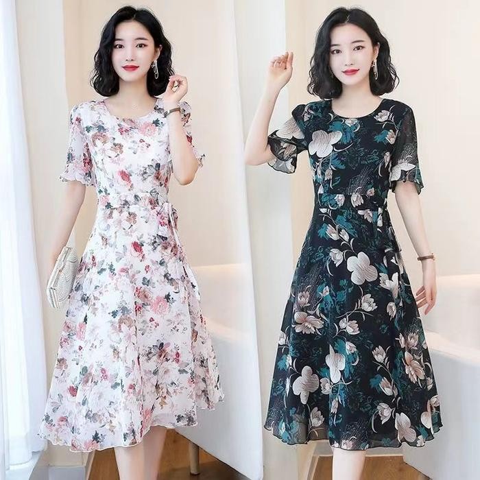Clavie- Dress Korea Wanita/Midi Dress Motif Bunga/Baju Kondangan Jumbo Gaun Retro Pantai