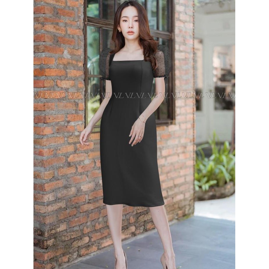 Fleesa- Dress Scuba Kasual Formal Wanita Lengan Tile Puff Pendek Modern Kekinian Terbaru