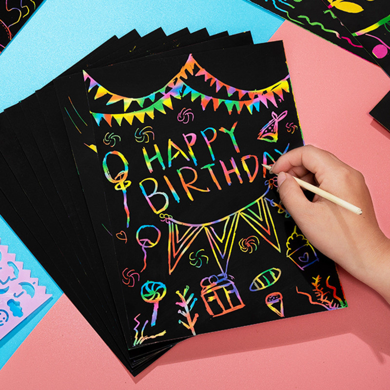 

Diy Magic Rainbow Color Scratch Art Paper Card Set With Graffiti Stencil Drawing Board Stick Art